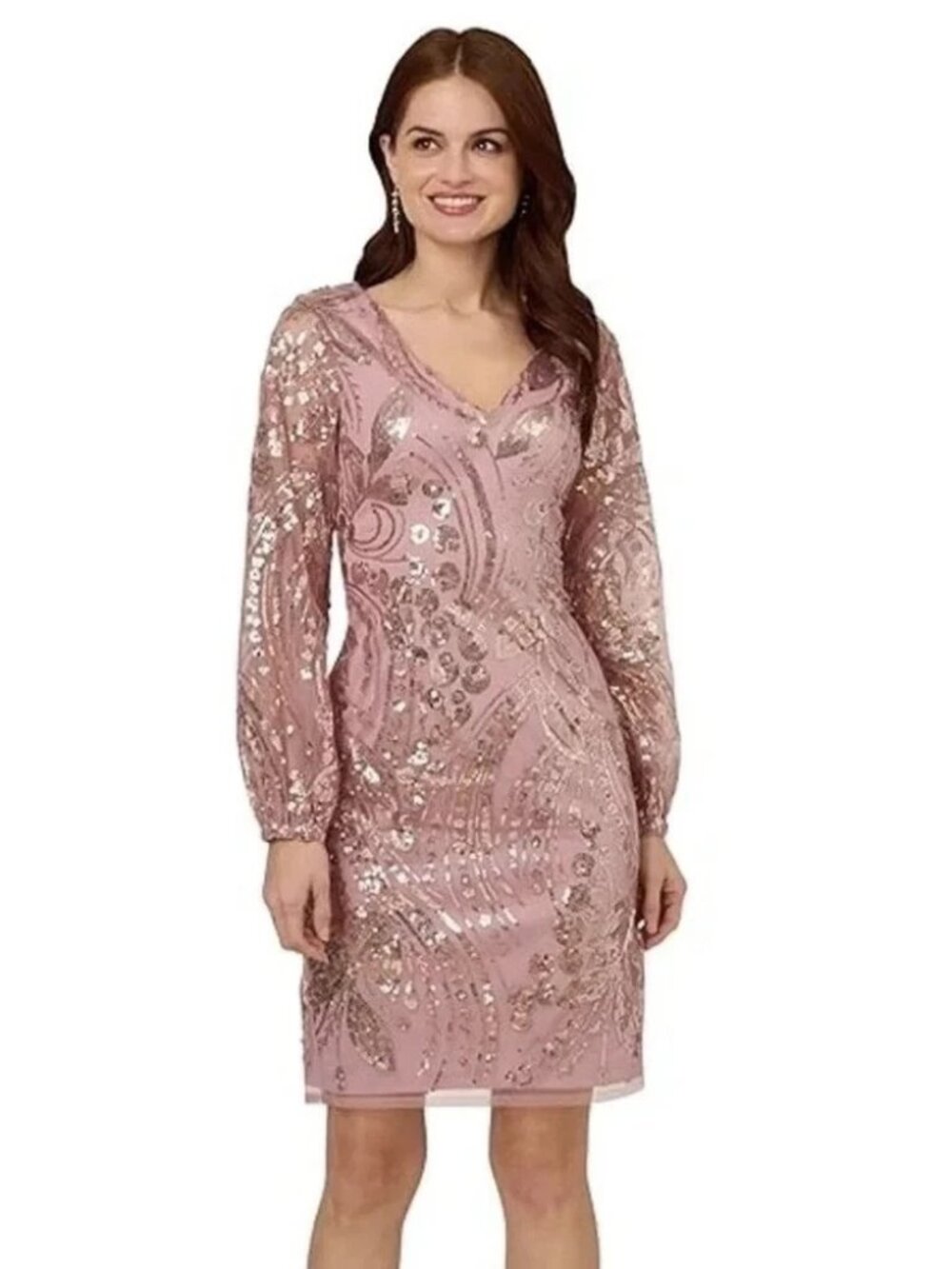 Adrianna Papell Dusty Rose Sequin Blouson Sleeve Sheath Dress